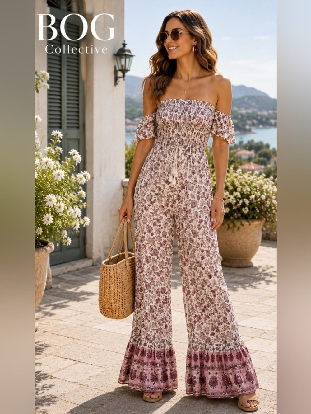 BOG Collective Off Shoulder Floral Smocked Jumpsuit Size Medium Boho